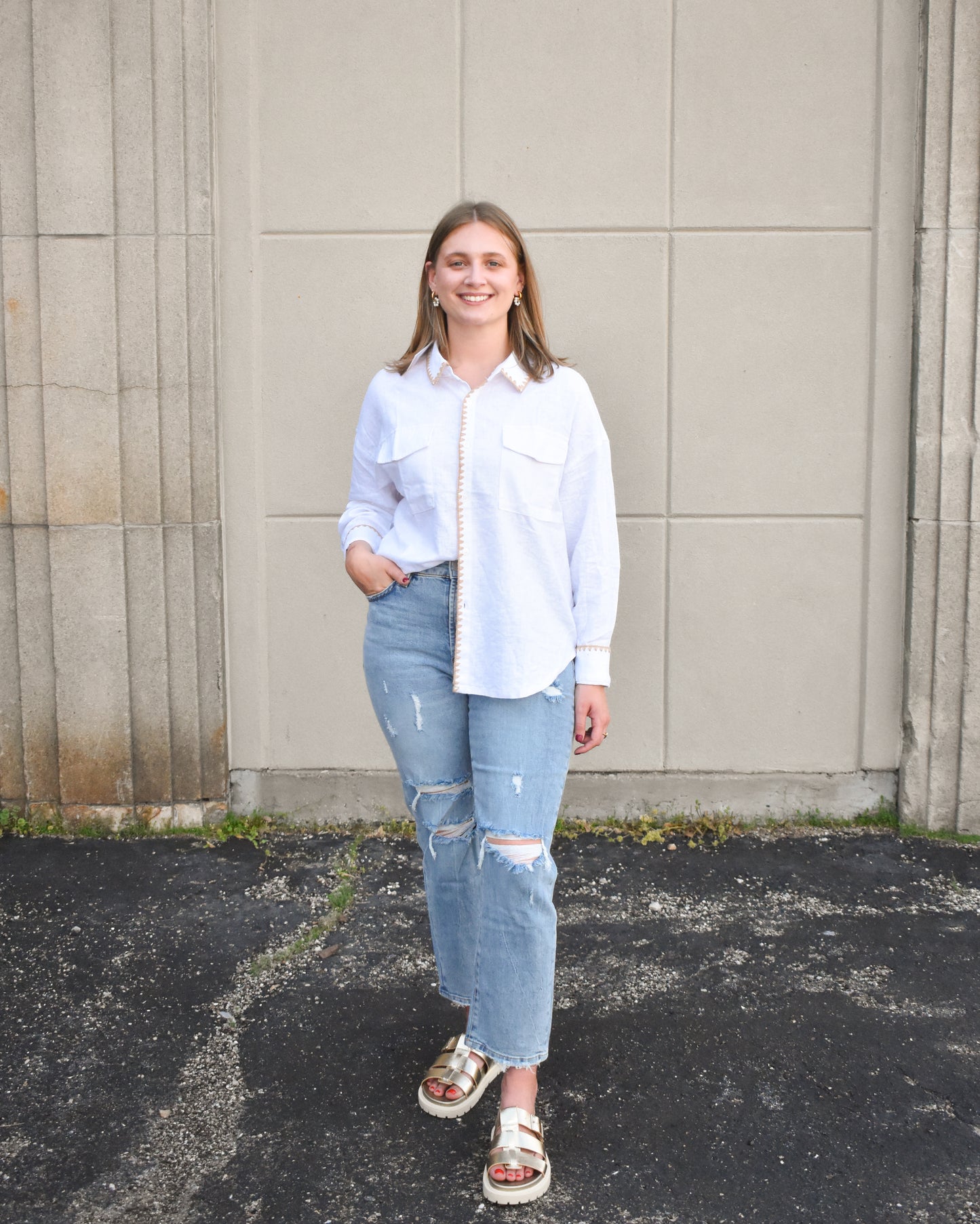 Adrianna White Button up w/Stitch Detail (Dear John)