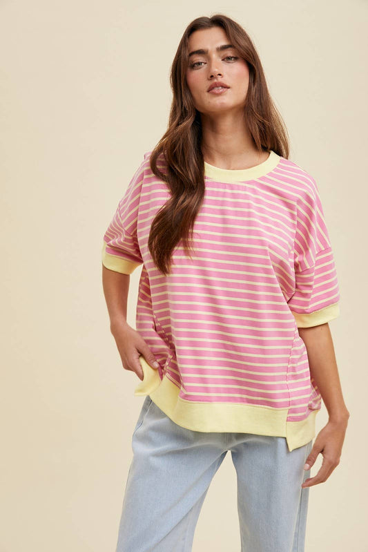 Pink/Lemon Contrast Stripe Drop Shoulder Top