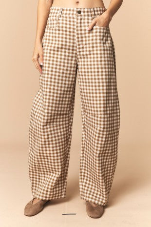 Washed Gingham Printed Twill Barrel Pants