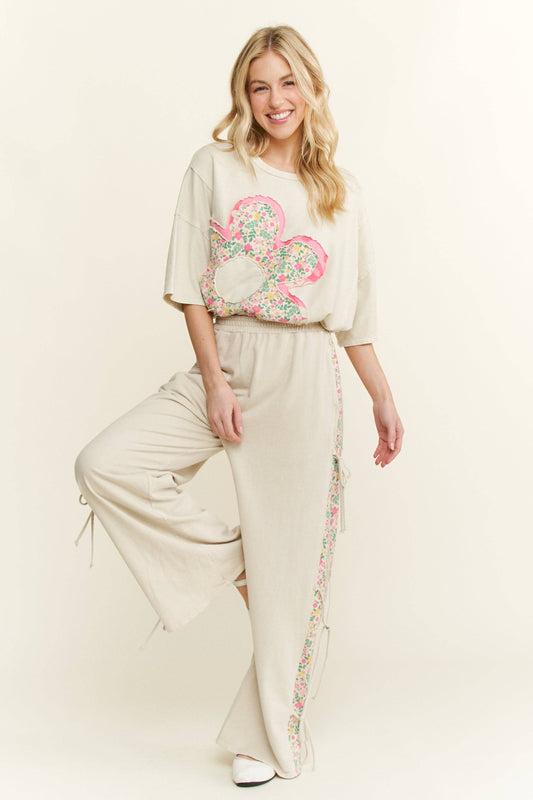 Natural Mineral Washed Floral Flower Patched Shirt