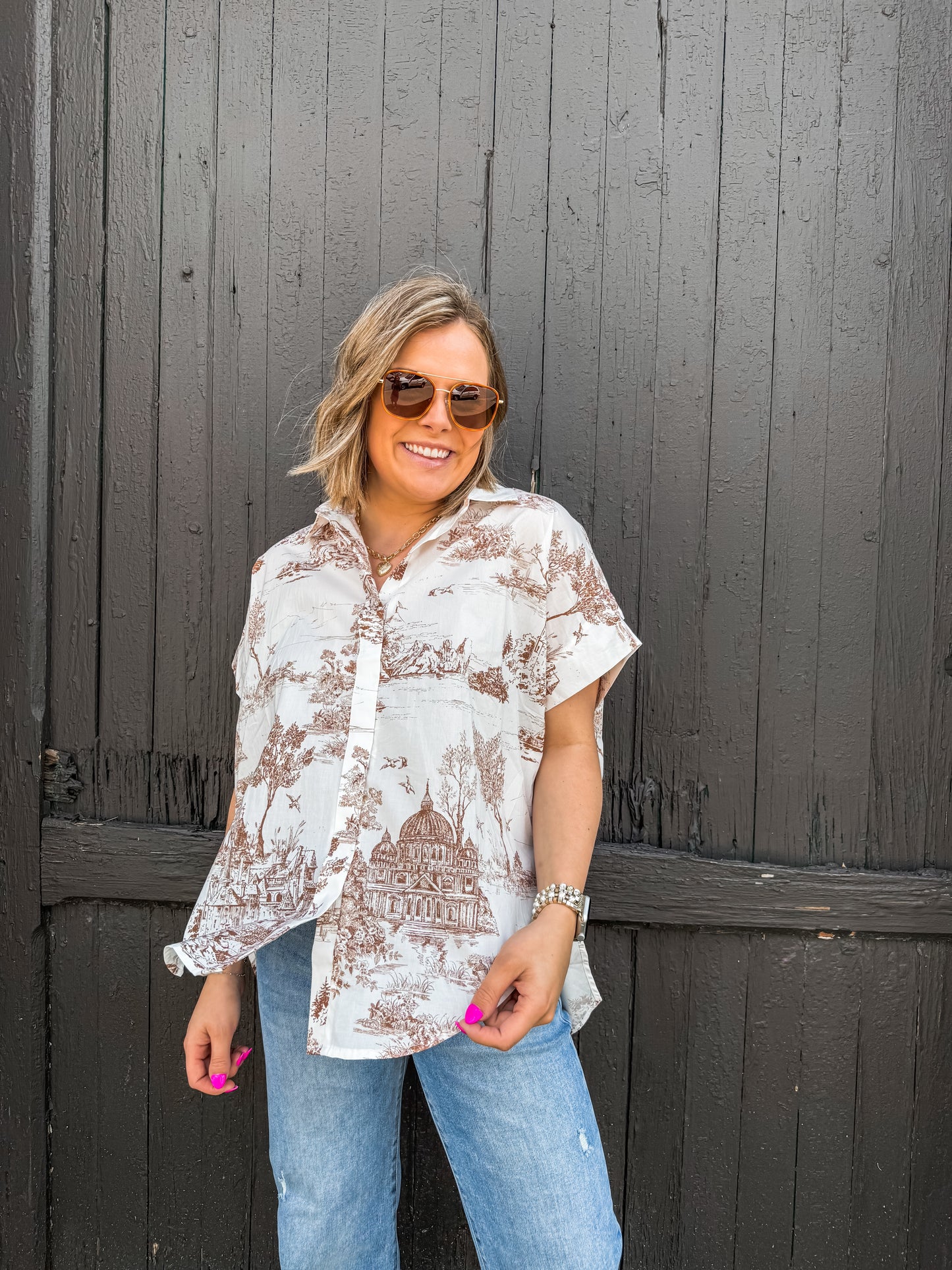 Latte Toile Print SS Blouse (Umgee)