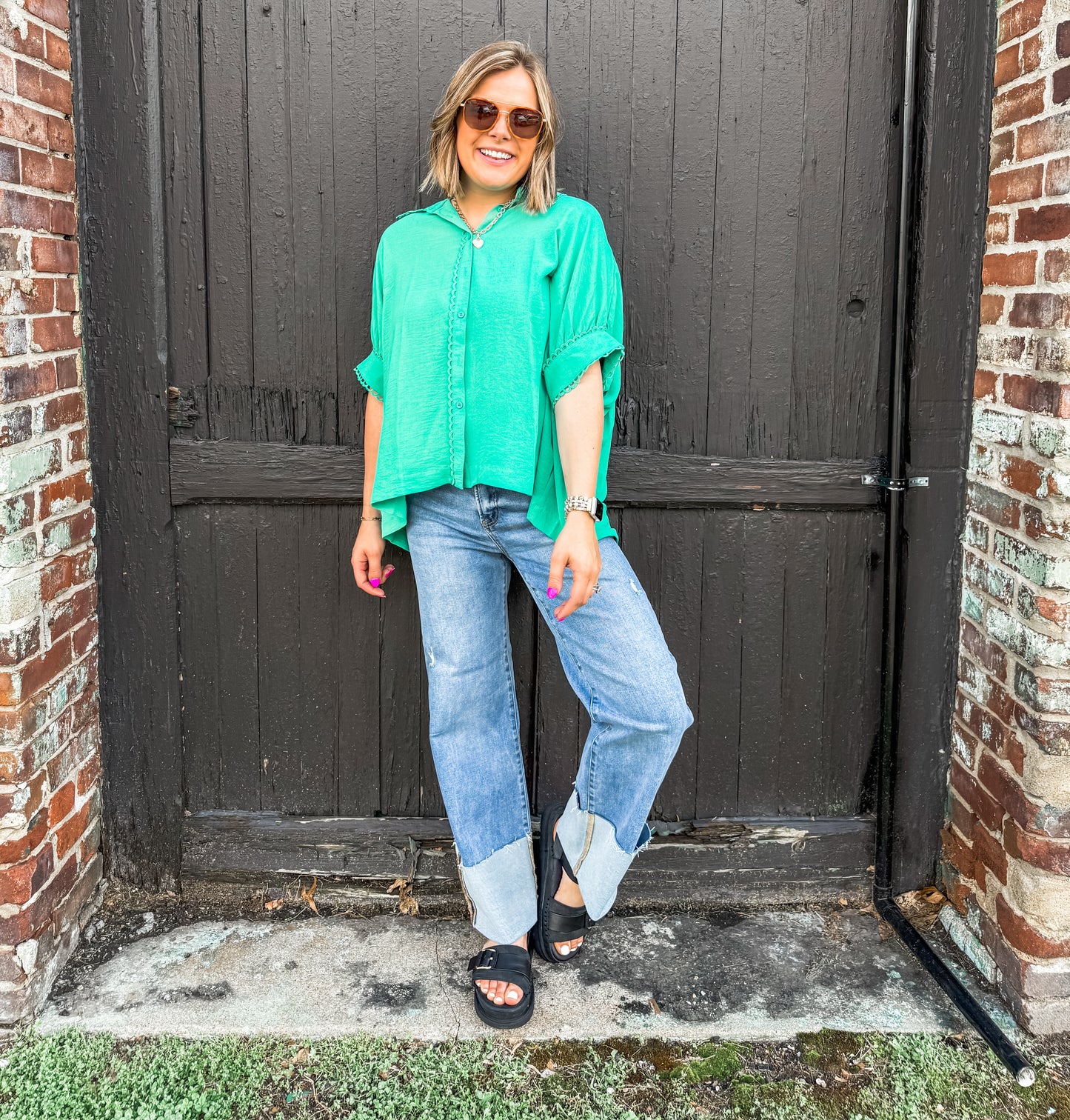 Emerald Green Scallop Trim Blouse (Umgee)