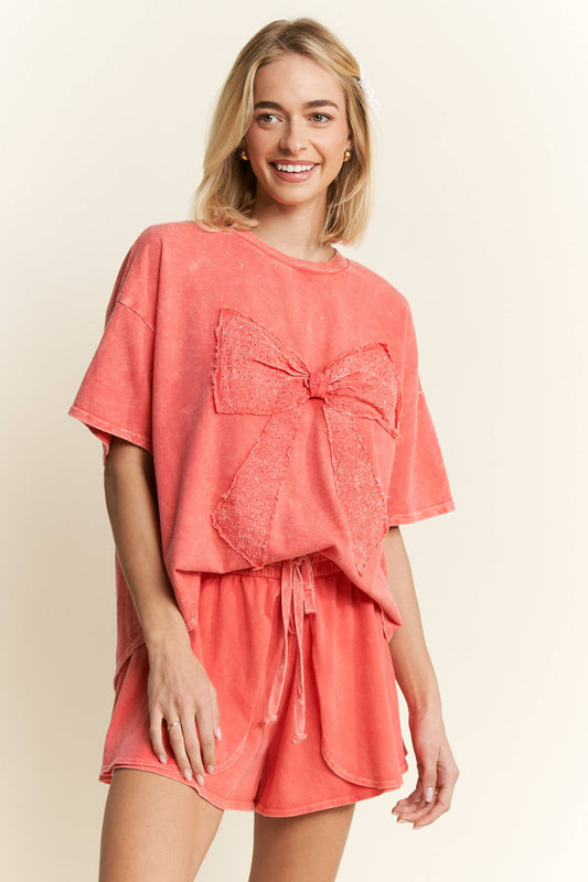 Red Orange Mineral Wash Ribbon Bow SS