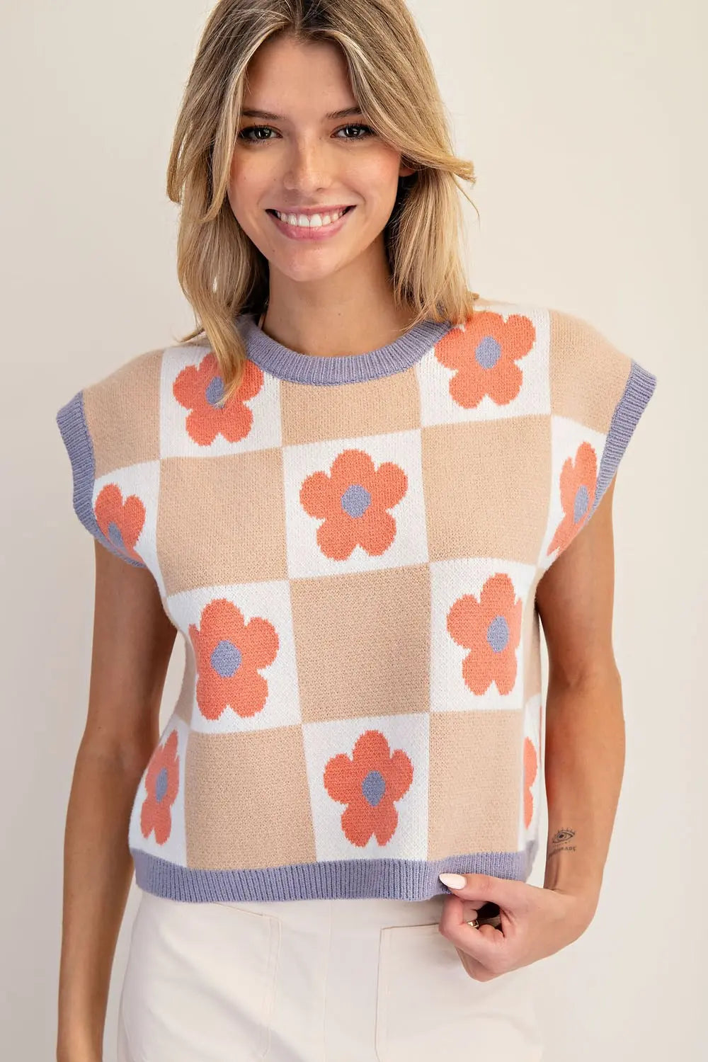 Floral Mixed Checker Print Sleeveless Sweater