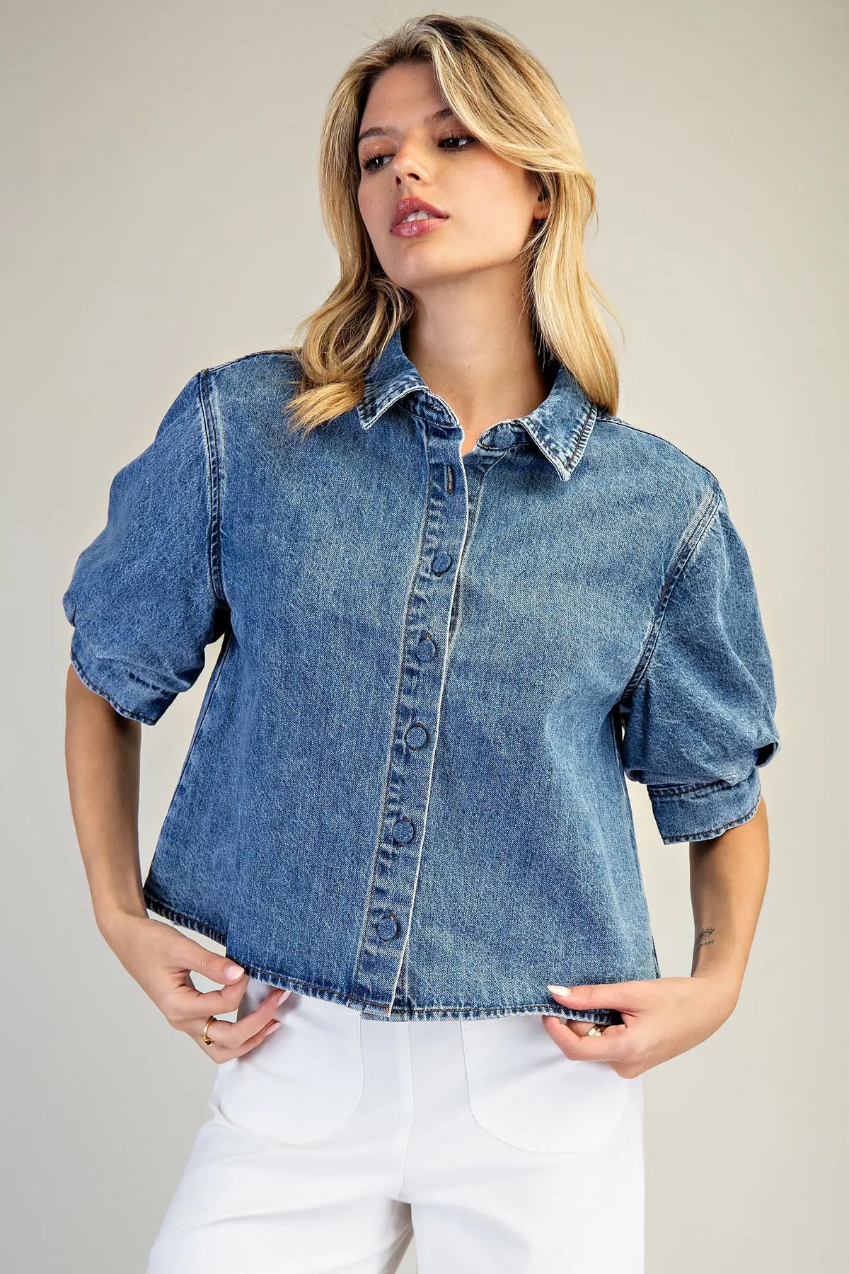 Denim Button Down Puff Sleeve
