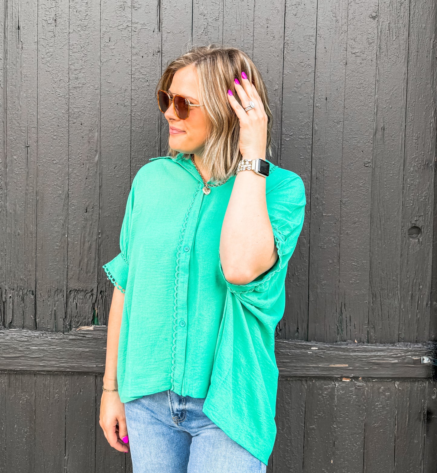 Emerald Green Scallop Trim Blouse (Umgee)