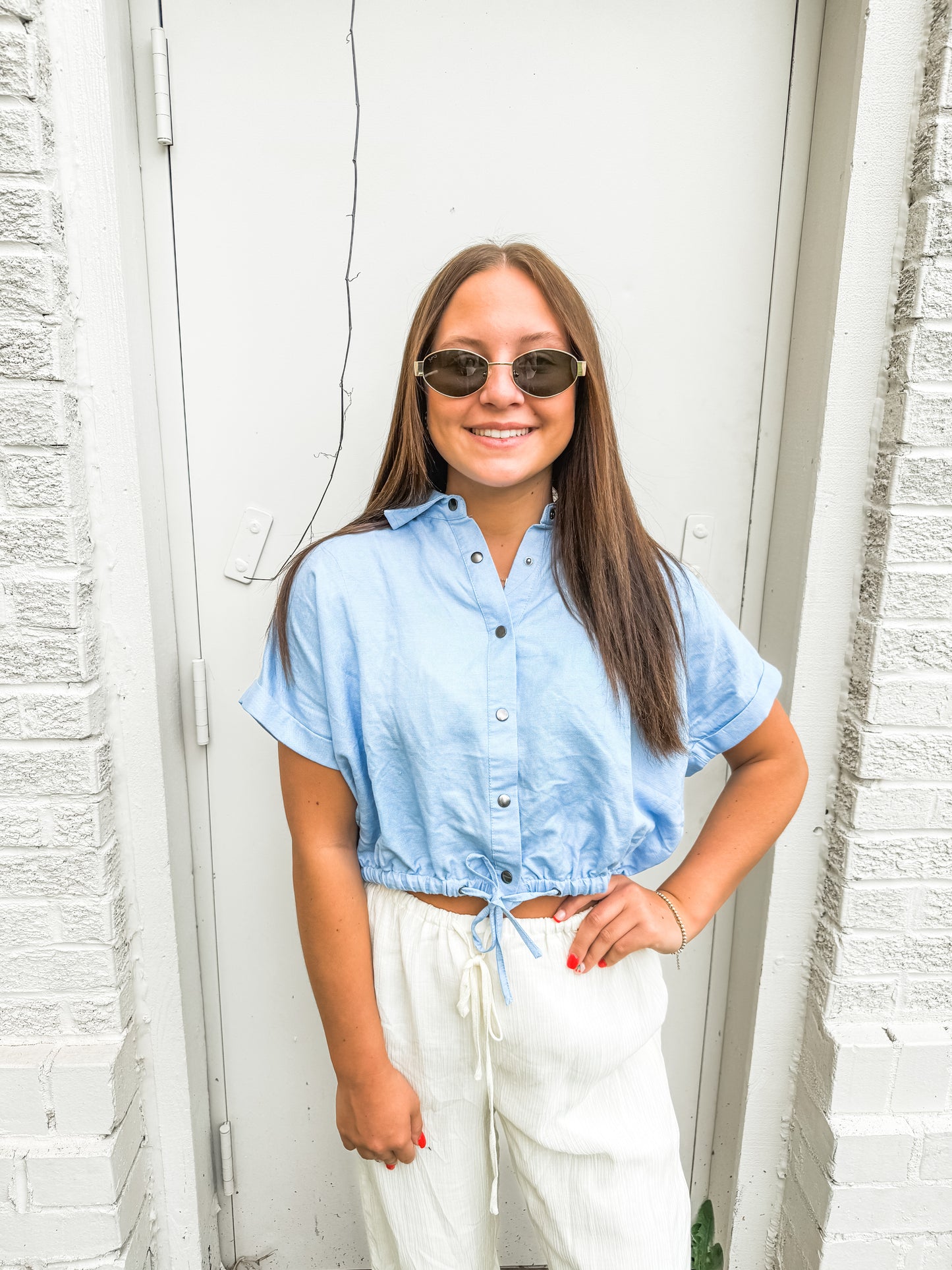 Lt. Blue Button Down Crop (Elan)