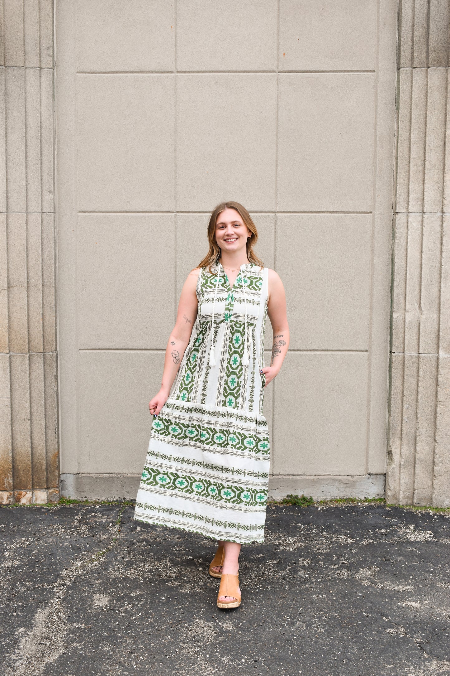 White/Green Sleeveless Maxi (Elan)