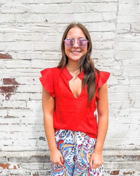 Fiery Red Leona Ruffle Sleeve V-Neck (Another Love)