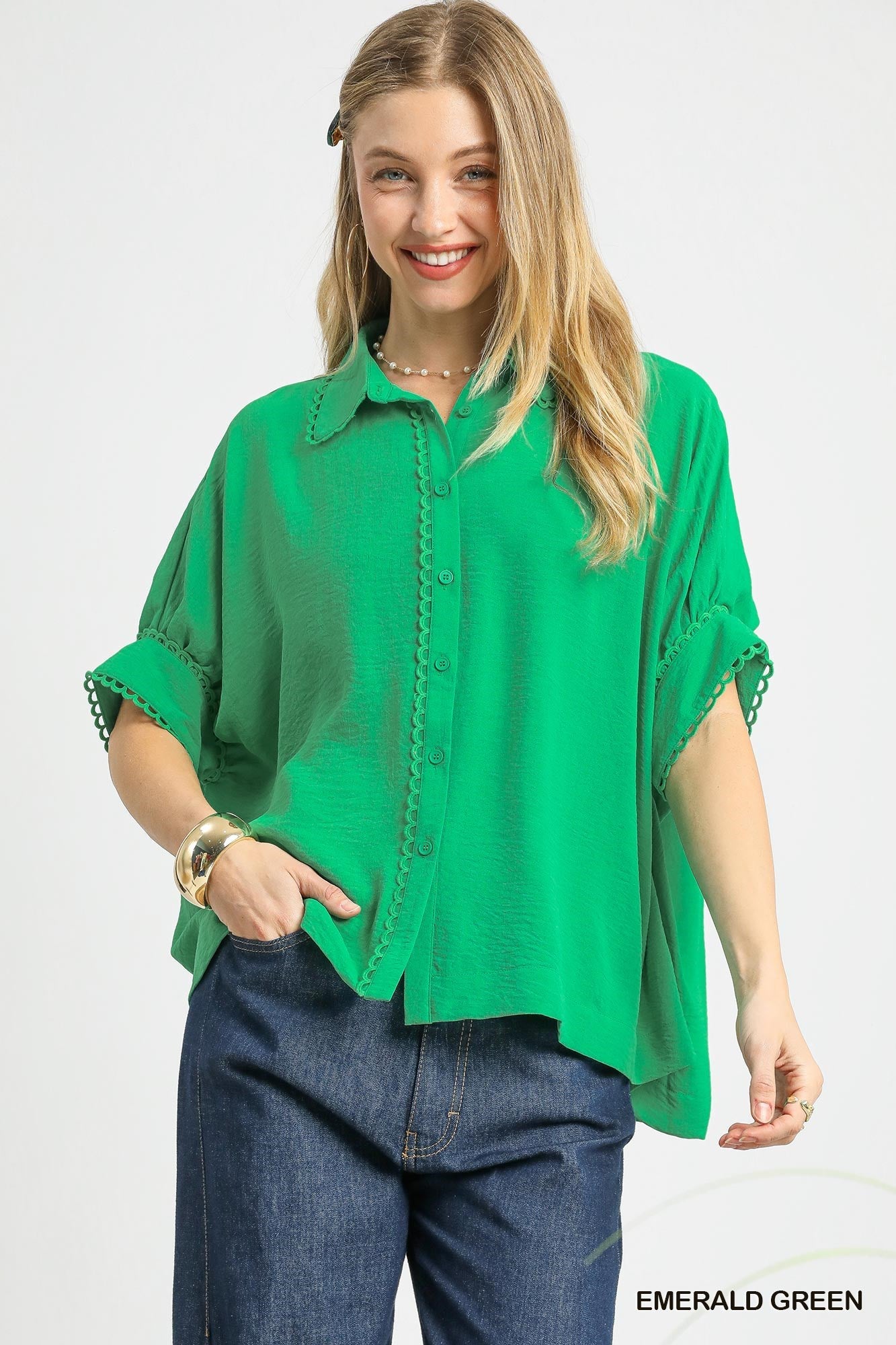 Emerald Green Scallop Trim Blouse (Umgee)