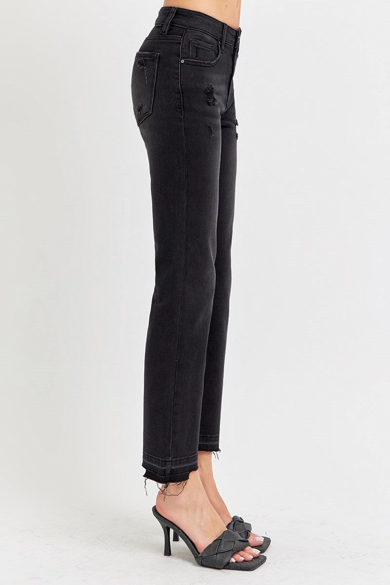 Black Mid-rise Ankle Straight Uneven Hem || Risen