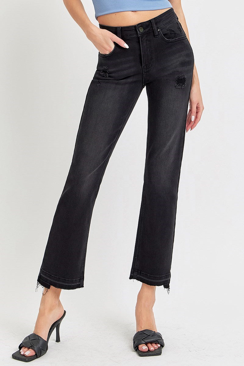 Black Mid-rise Ankle Straight Uneven Hem || Risen