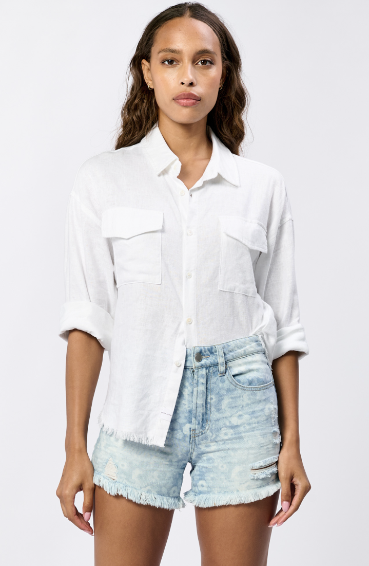 White Linen Button-up W/ Raw Hem