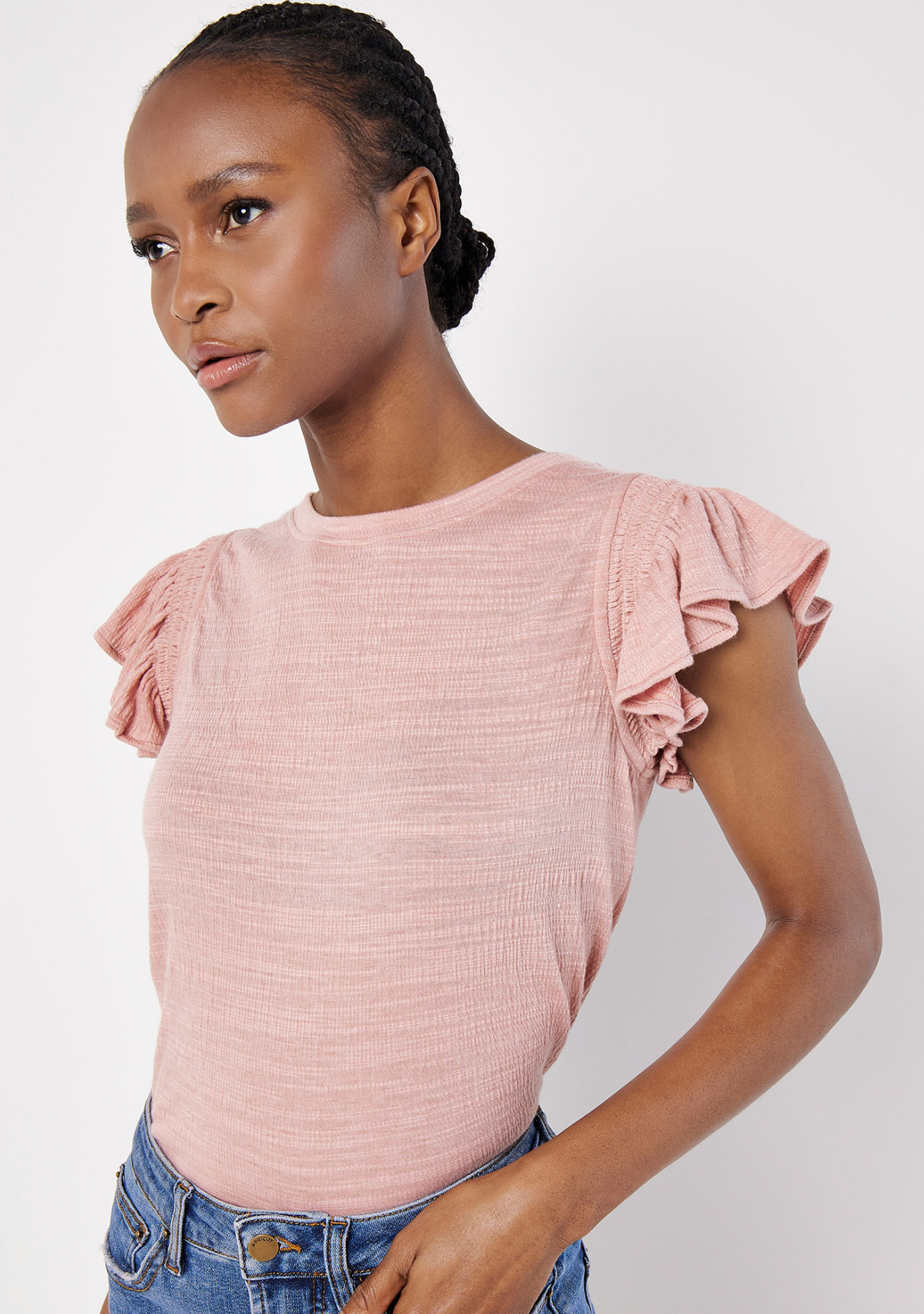 Pink Ruffle Sleeve Slub Tee (Apricot)