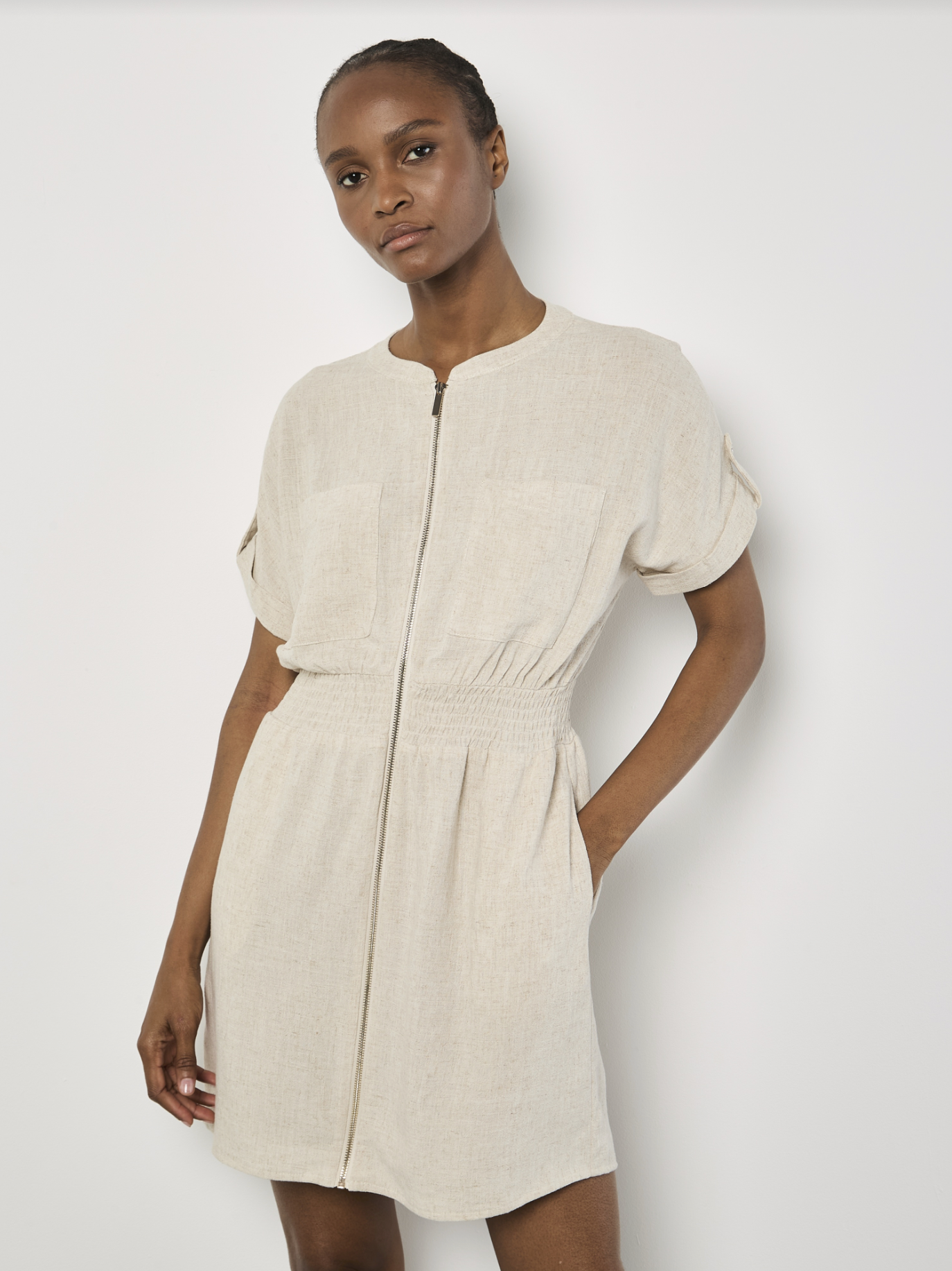 Natural Linen Zip Dress (Apricot)