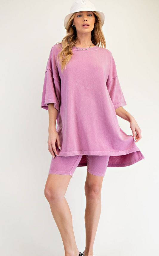 Magenta Pink 1/2 Sleeve Mineral Wash Tee