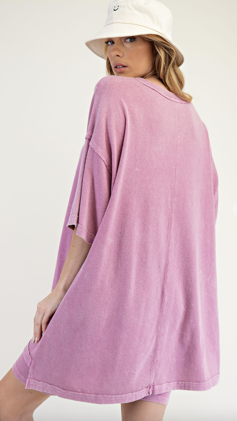 Magenta Pink 1/2 Sleeve Mineral Wash Tee