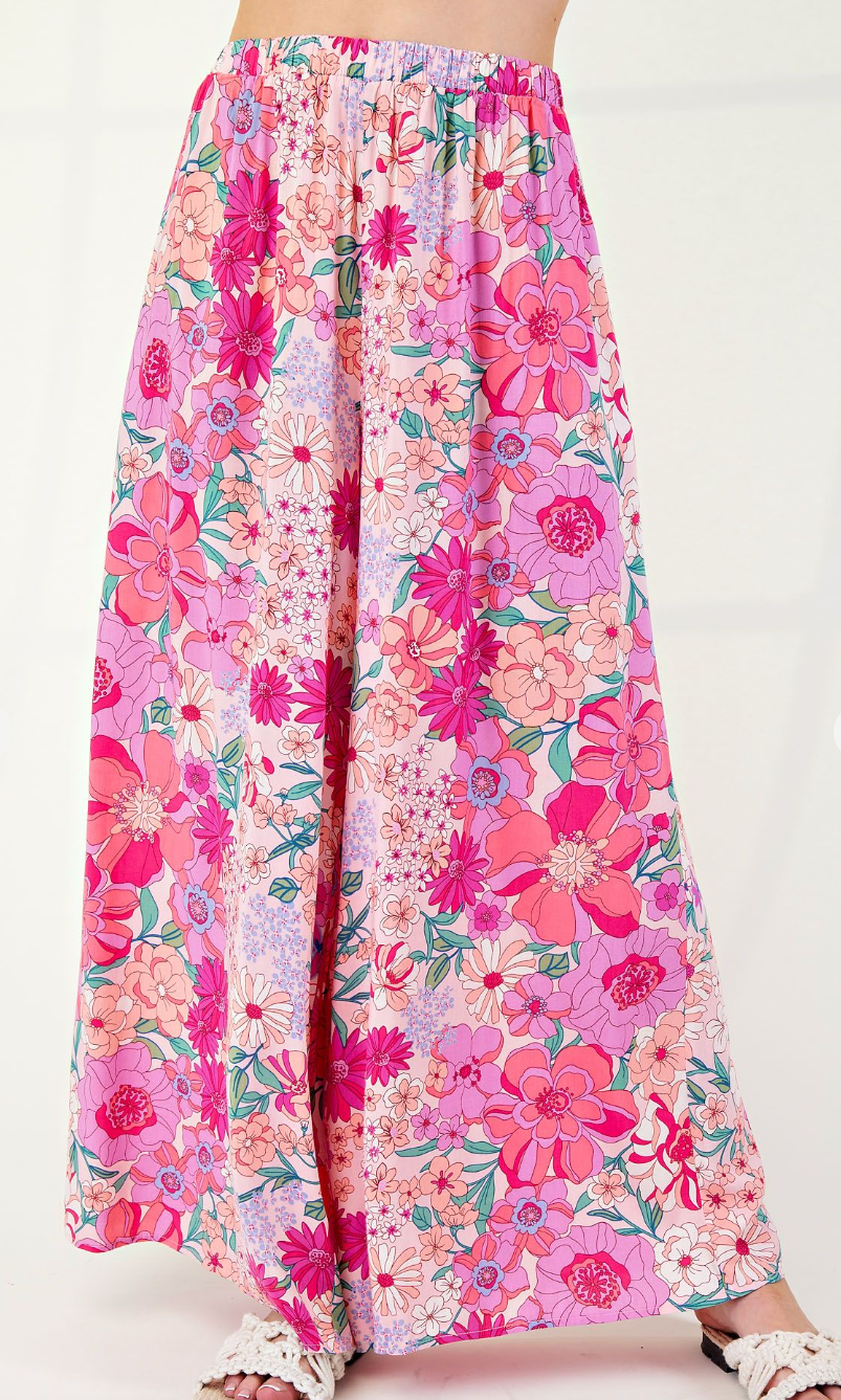 Blush Floral Rayon Wide Leg Pants