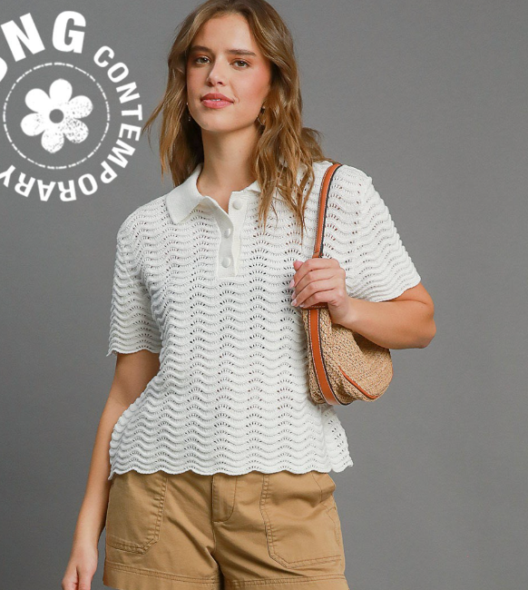 Ivory Short Sleeve Collared Sweater