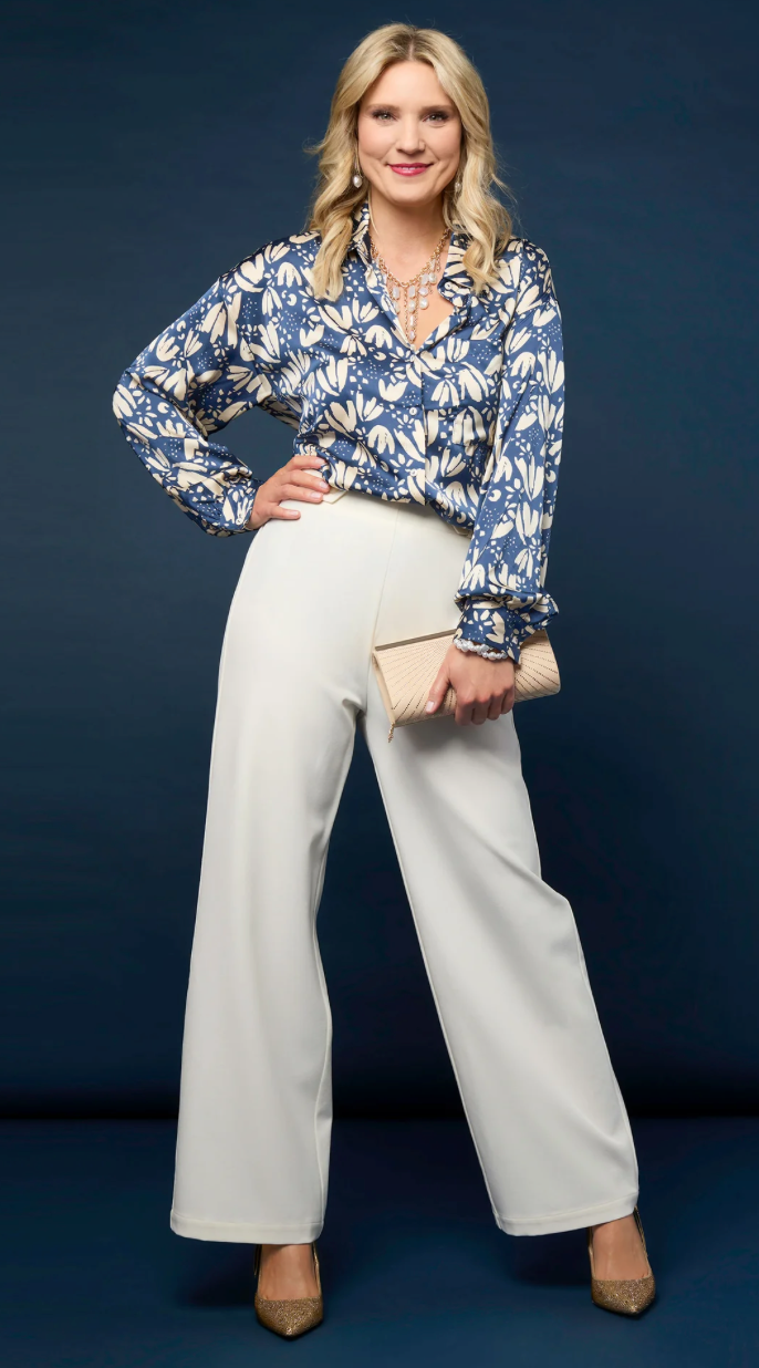 Cailin Silky Navy/Ivory Printed Button-Up