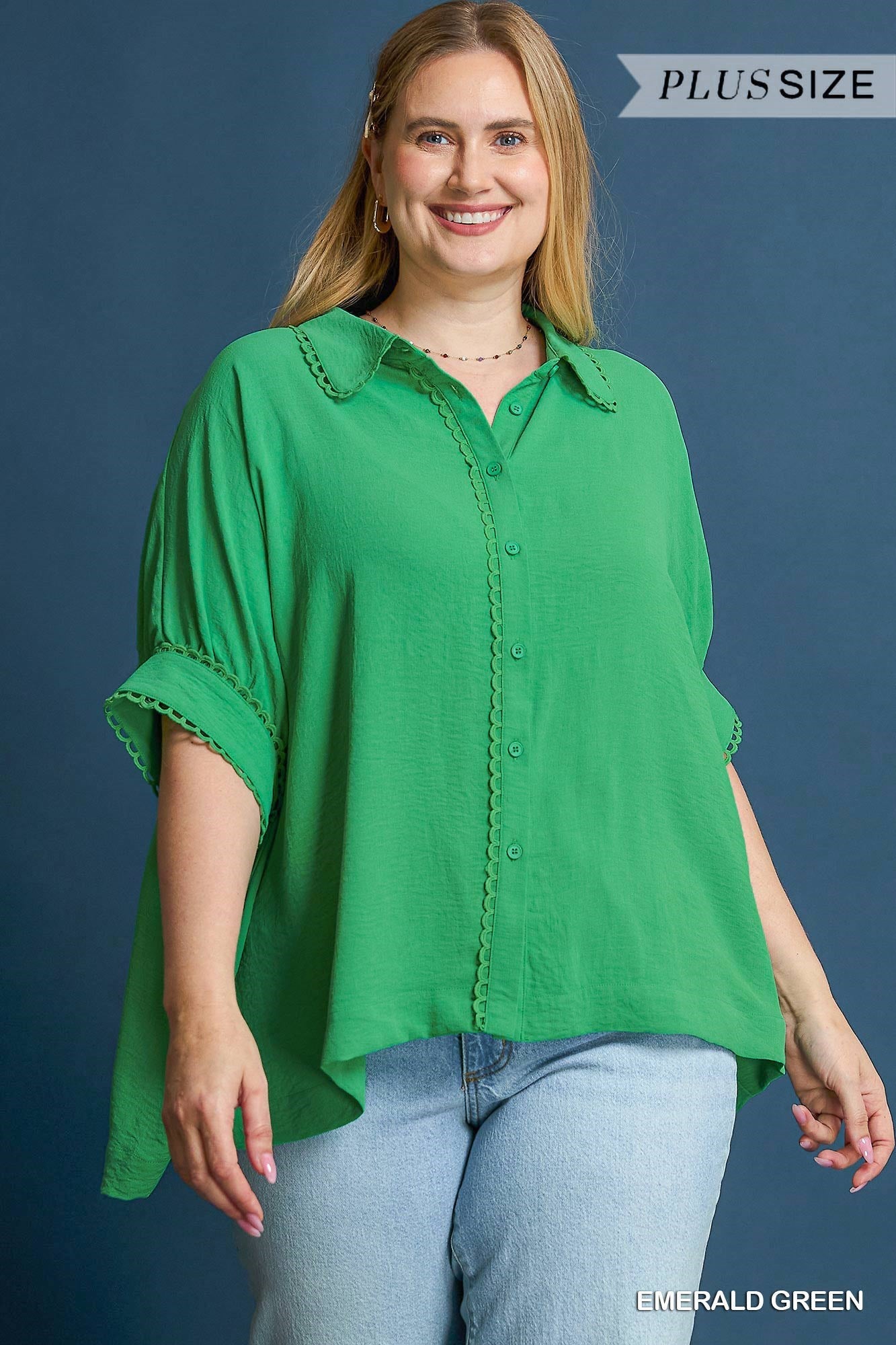 Emerald Green Scallop Trim Blouse (Umgee)