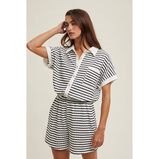 Black/White Striped Collared Romper