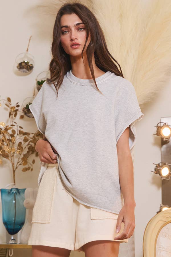 Gray Raw Edge Detail Terry Muscle Top