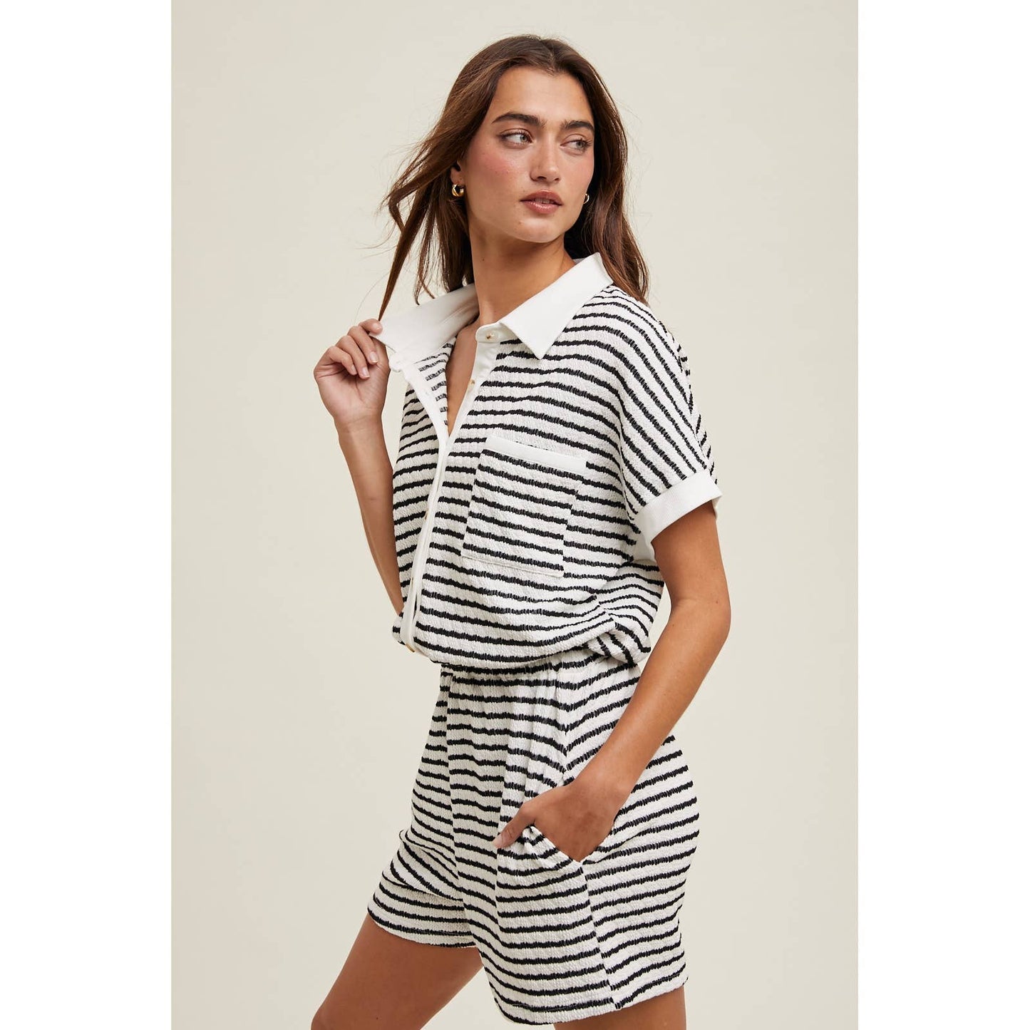 Black/White Striped Collared Romper