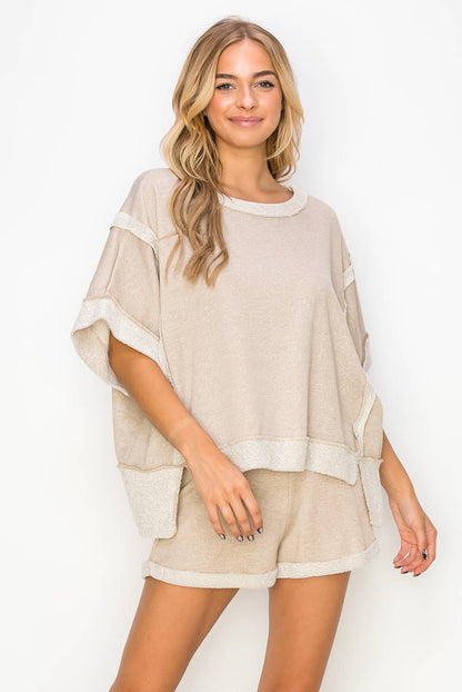 Taupe Oversize Reverse Contrast Banded Top
