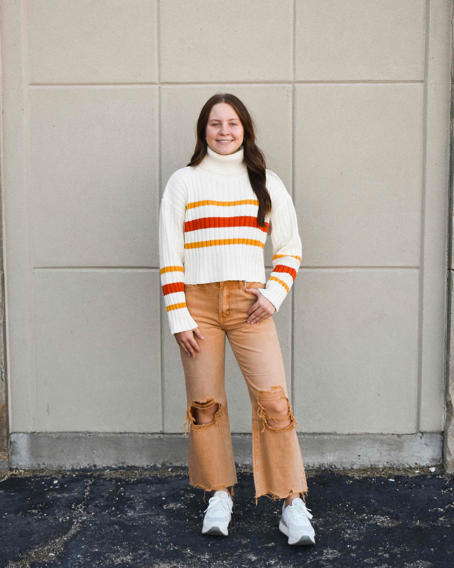 Elena Cream Multi Stripe Loose Turtleneck Crop Sweater