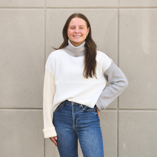 White/Gray Colorblock Turtleneck Sweater (Elan)