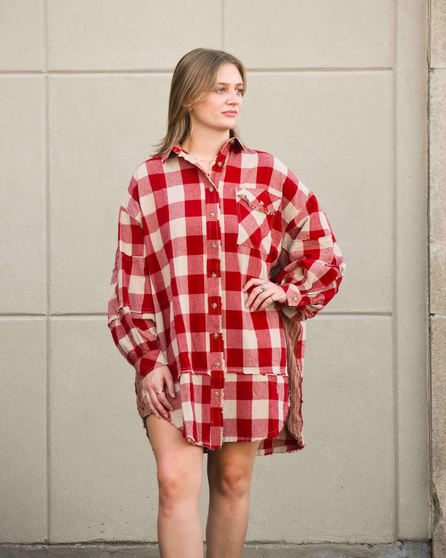 Boho Red Check Button Down Dress (Easel)