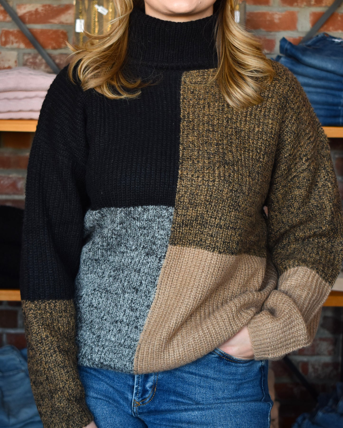 Black/Taupe Colorblock Turtleneck Sweater (Elan)