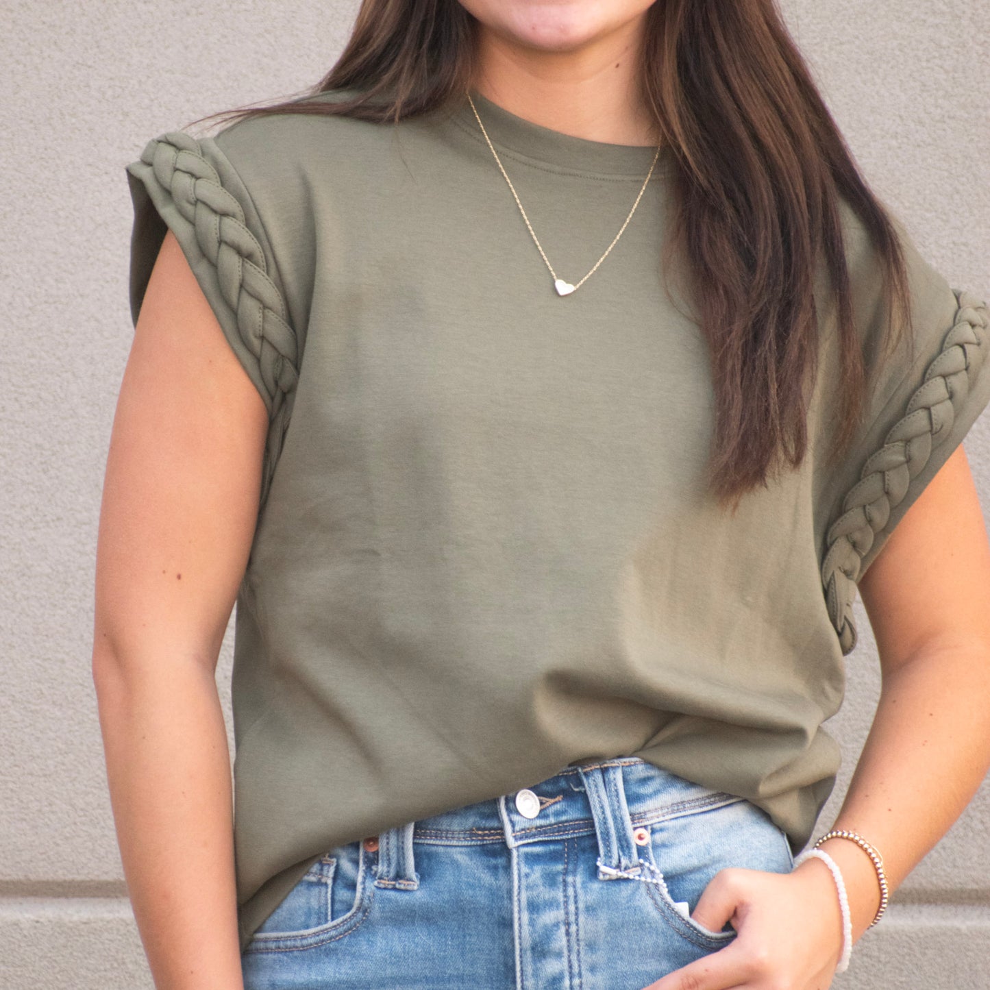 Olive Braided Cap Sleeve Top (Entro)