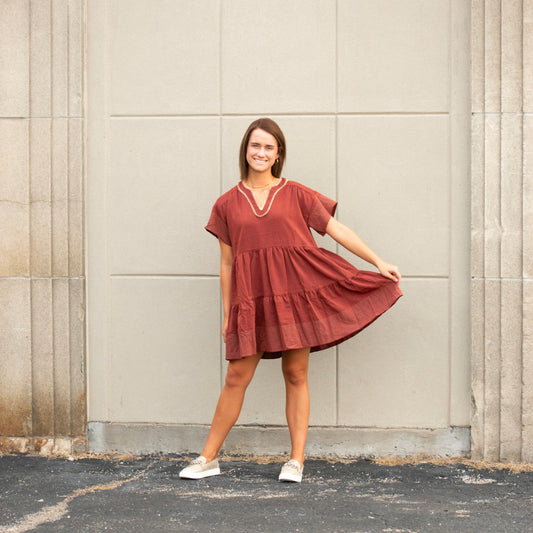 Rust Brown Tiered Ruffle Linen Blend Dress w/Contrast Stitching