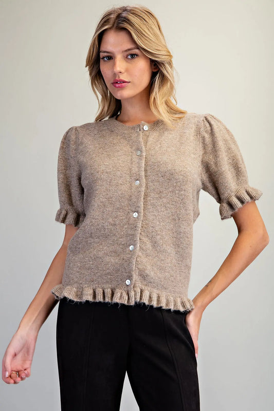 Ruffle Trim Short Sleeve Cardigan