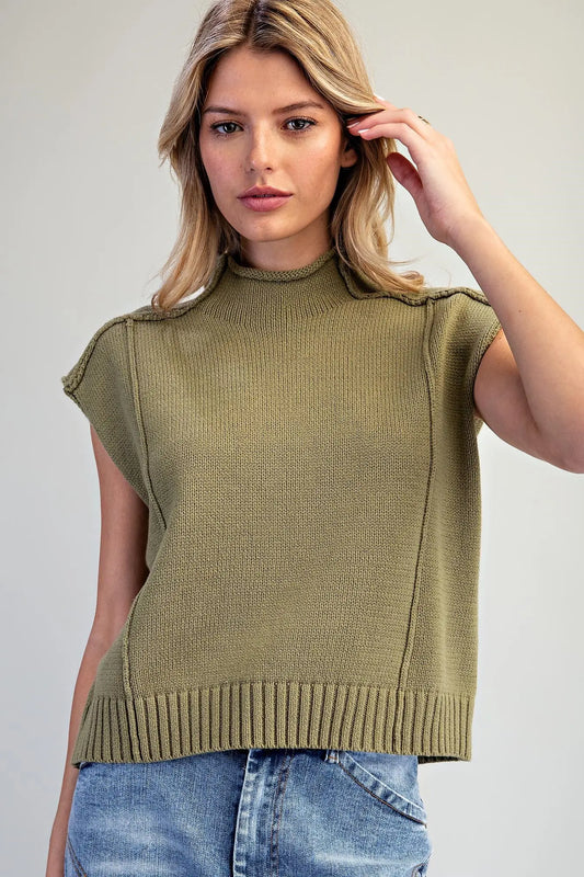 Mock Neck Exposed Seam Knit Top