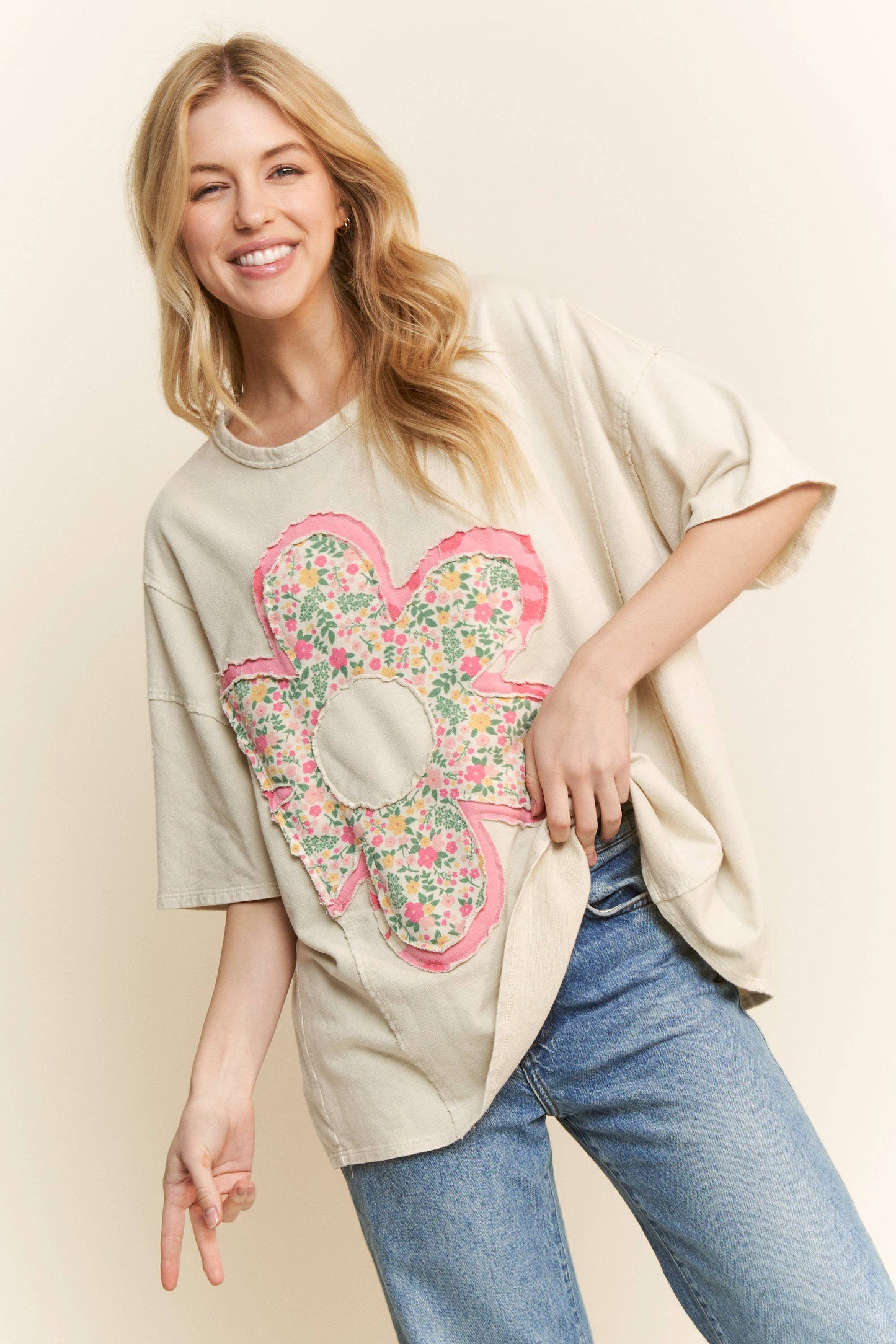 Natural Mineral Washed Floral Flower Patched Shirt