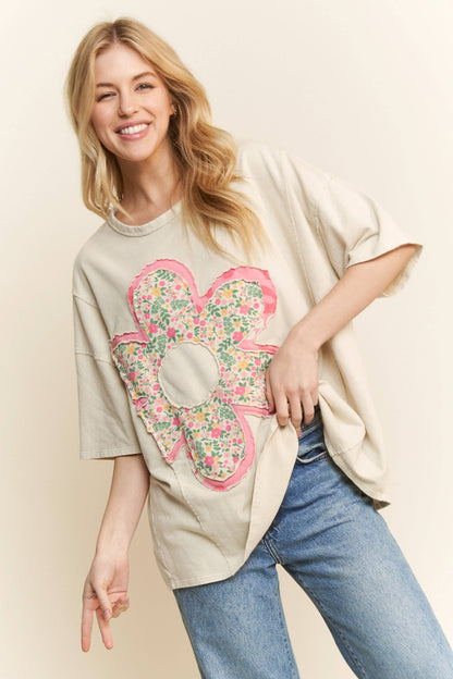 Natural Mineral Washed Floral Flower Patched Shirt