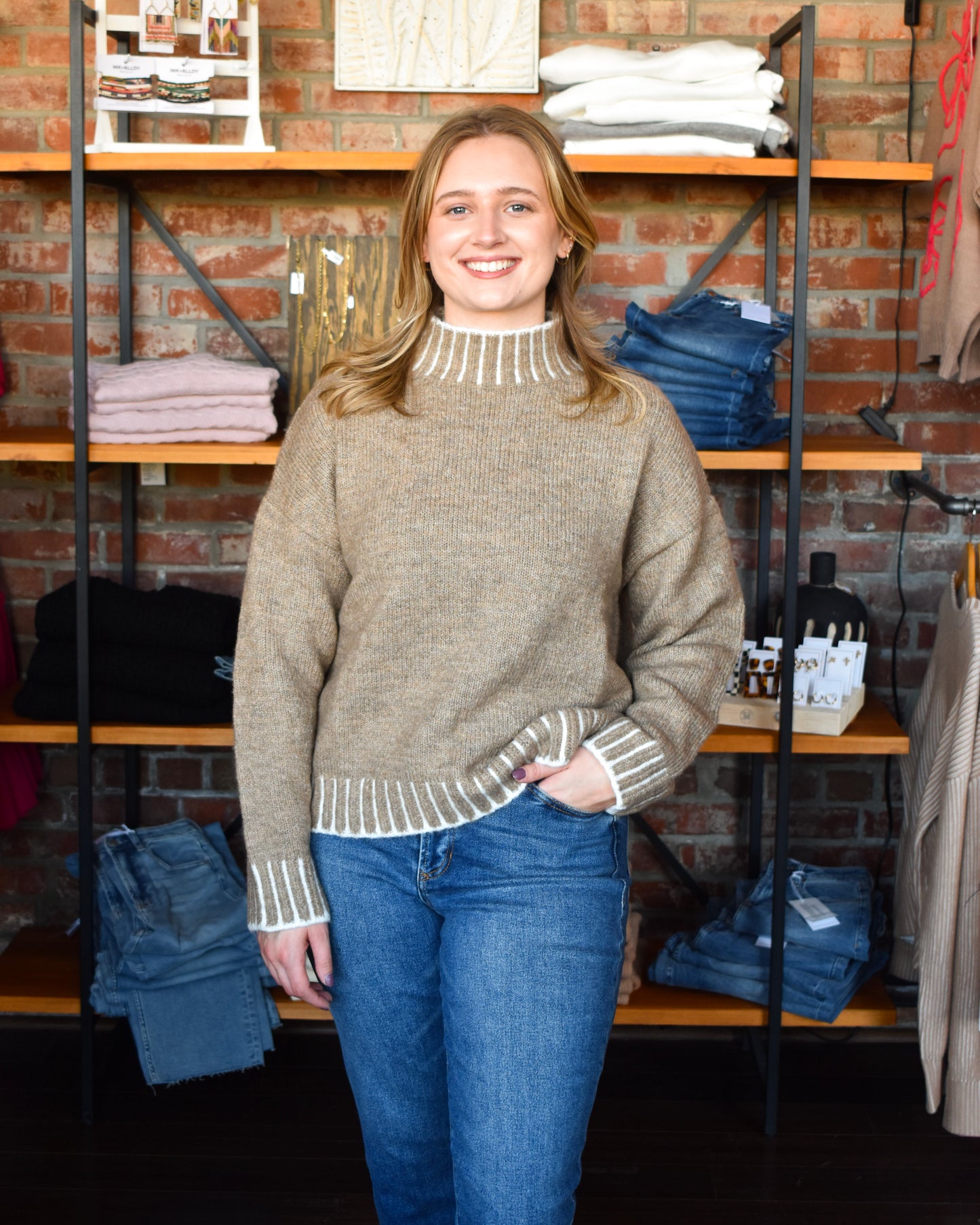 Tan Mock Neck Sweater (Elan)