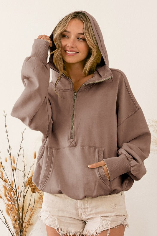 Mocha Stitch Detailed Half-Zip Fleece Hoodie
