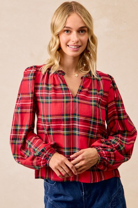 Christmas Plaid Balloon Sleeve V-Neck