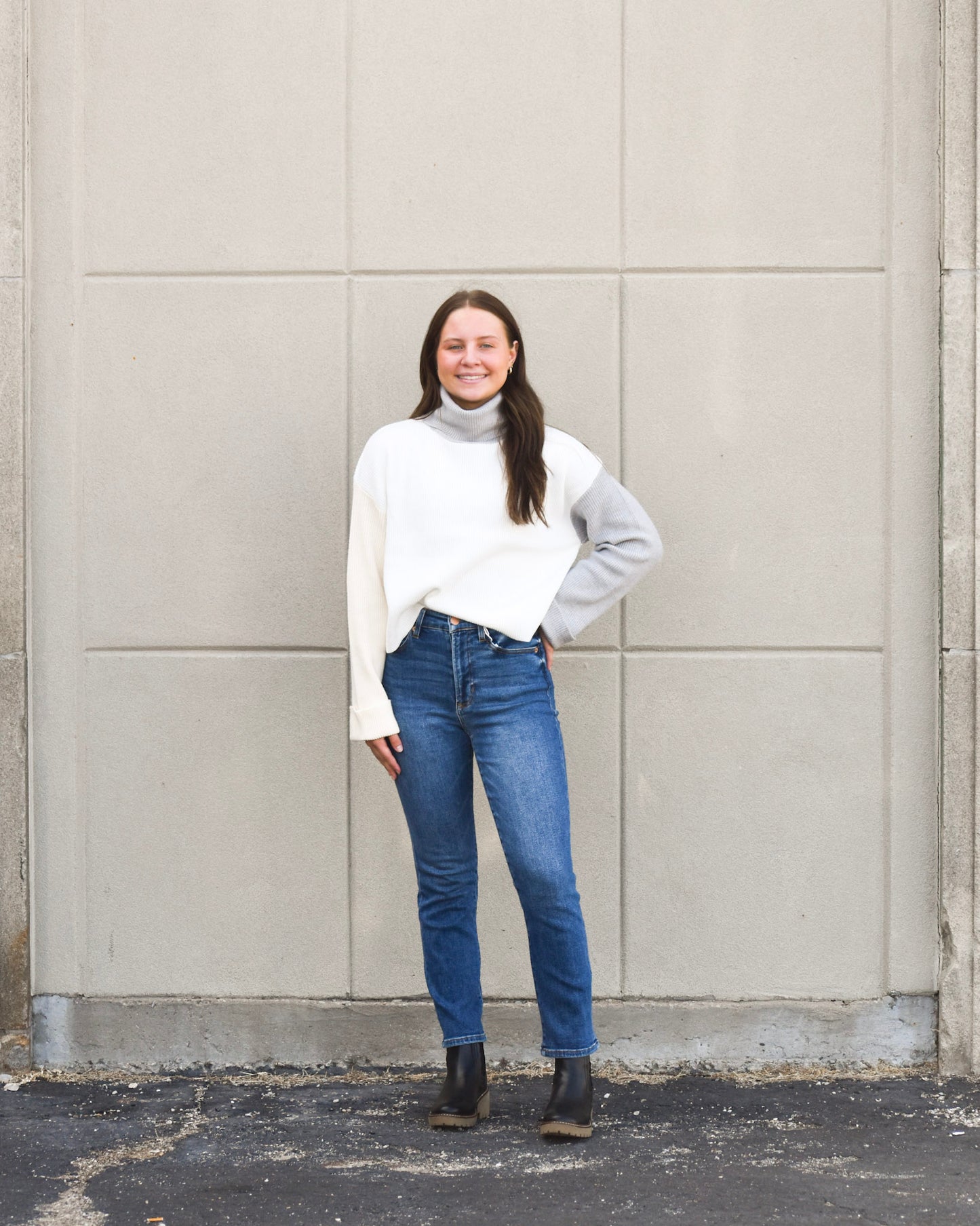 White/Gray Colorblock Turtleneck Sweater (Elan)