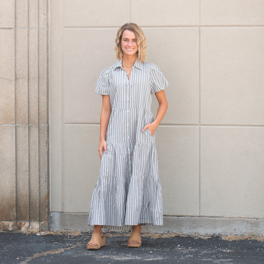 Grey/White Striped Tiered Maxi w/Puff Sleeve (Elan)