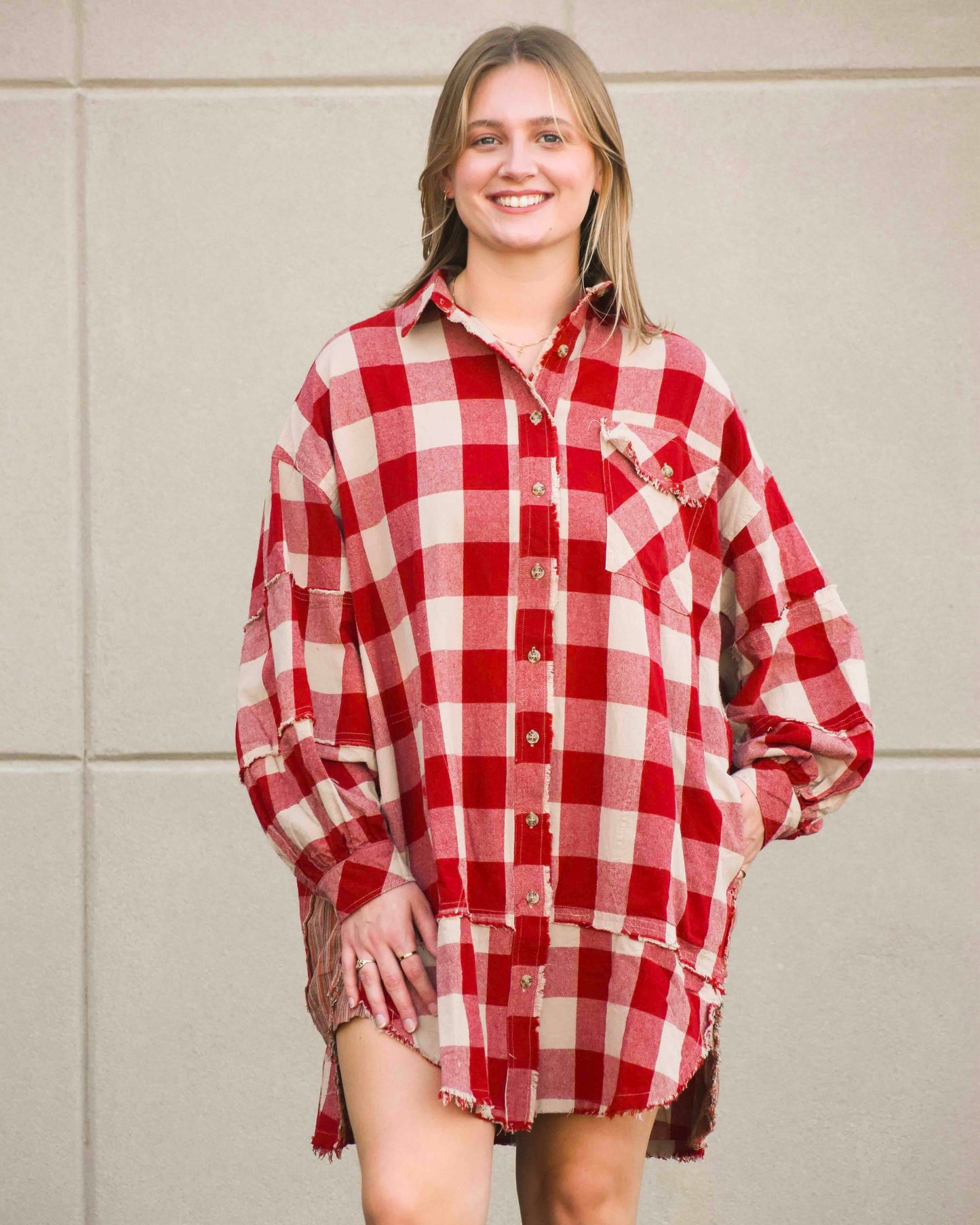 Boho Red Check Button Down Dress (Easel)