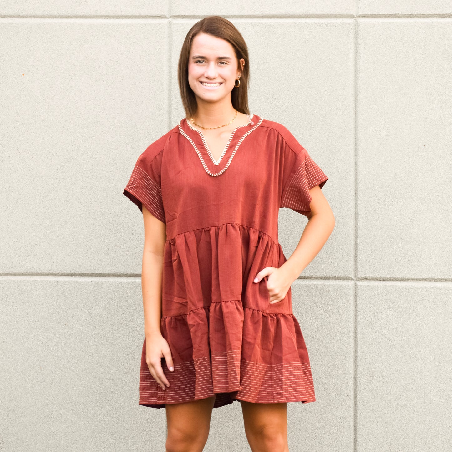 Rust Brown Tiered Ruffle Linen Blend Dress w/Contrast Stitching