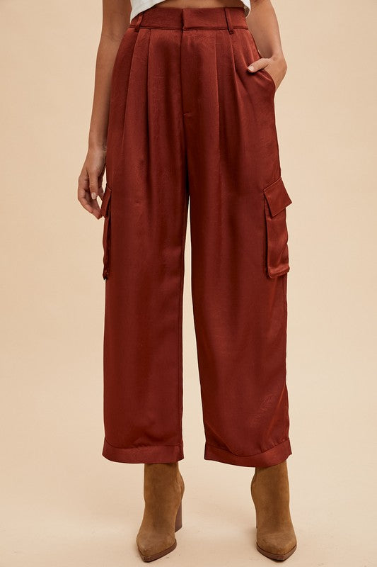 Rust Wide Leg Satin Trousers