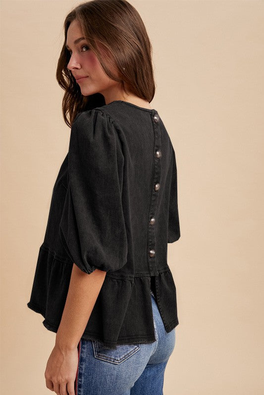 Black Denim Ruffle Detail Back Button Blouse