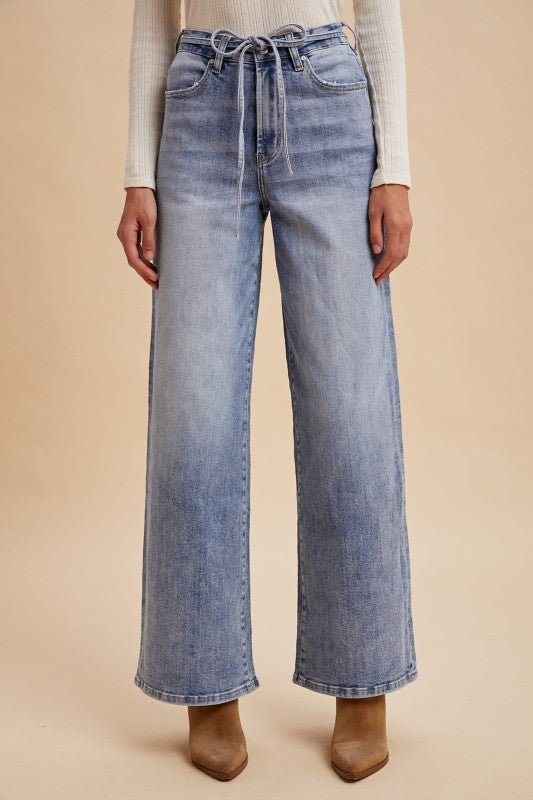 Wide Leg Stretch HR Tie Waist Denim Pant