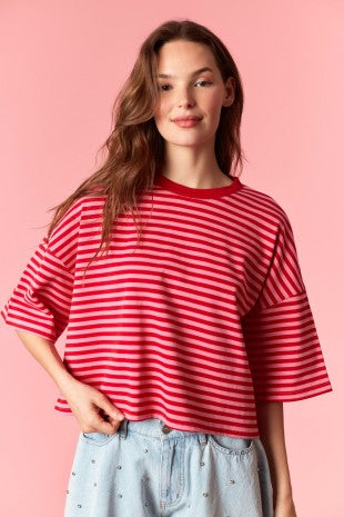 Pink Stripe Short Sleeve Crop